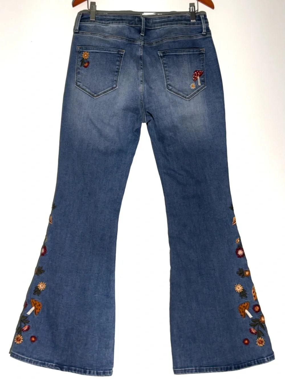NEW Free People x Driftwood Farrah Embroidered Flare Jeans Mushroom 32